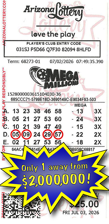 Another Mega Winner in July, 2026. We missed winning $2,000,000 by only 1 number!