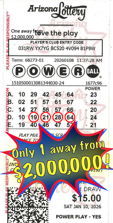 Another Powerball Winner in January, 2026. We missed winning $2,000,000 by only 1 number!