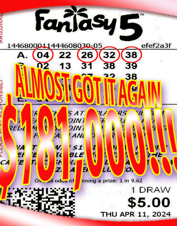 Another EZPooling Fantasy 5  Winner in April, 2024. We missed winning $181,000 AGAIN by only 1 number!