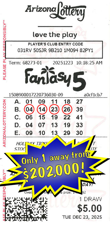 Another Fantasy 5 Winner in December, 2025. We missed winning $202,000 by only 1 number!