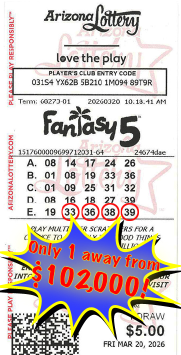 Another Fantasy 5 Winner in March, 2026. We missed winning $102,000 by only 1 number!