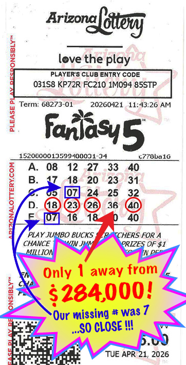 Another Fantasy 5 Winner in April, 2026. We missed winning $284,000 by only 1 number!